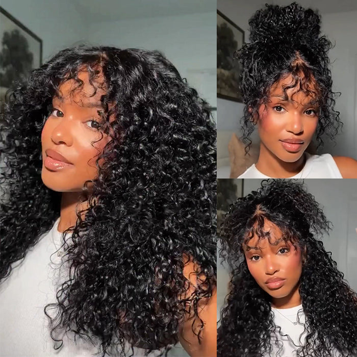 Loose Wave Human Hair Wig Natural Color Curly Wave With Bangs Glueless HD Lace Pre-Cut Lace Wig - Rafarada