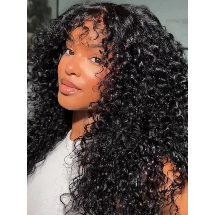 Loose Wave Human Hair Wig Natural Color Curly Wave With Bangs Glueless HD Lace Pre-Cut Lace Wig - Rafarada