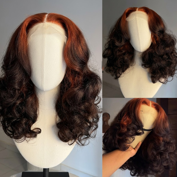 Bouncy Loose Wave Human Hair Wig - Elegant Auburn Ombre & Highlights Mixed Color HD Lace Wig with Natural Hairline- Rafarada