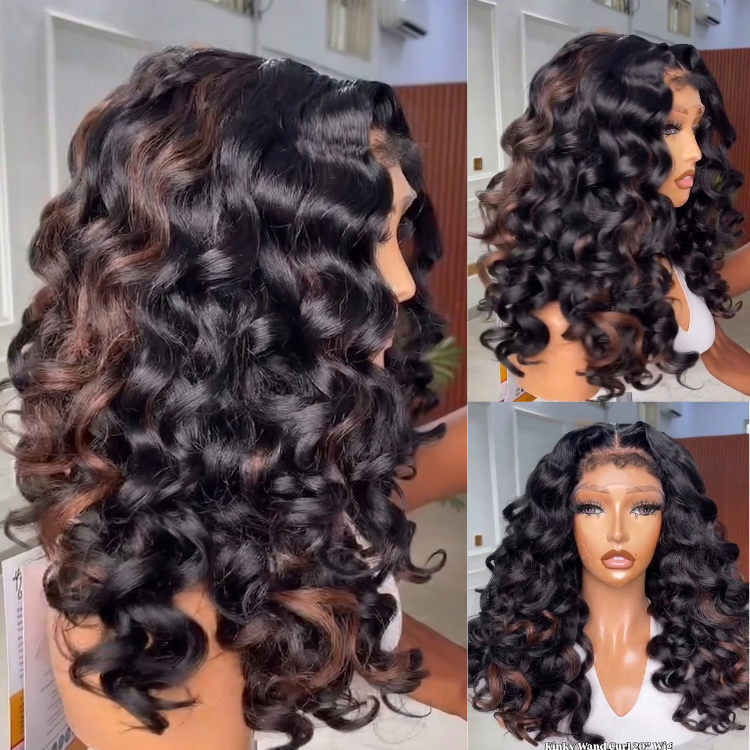 Chocolate Brown with Caramel Highlights Loose Wave Human Hair Lace Front Wig | Glueless | Face-Framing- Rafarada
