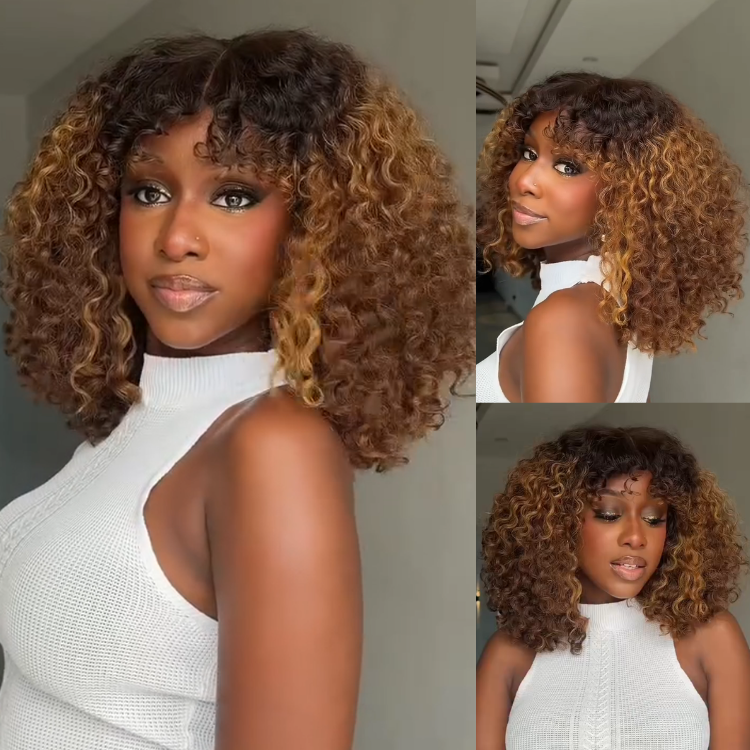 Luxury Ombre Honey Blonde Deep Wave Human Hair Wig HD Lace Frontal Wig With Bangs 100% Brazilian Hair Ombre Caramel Brown Glueless Curly Wig- Rafarada