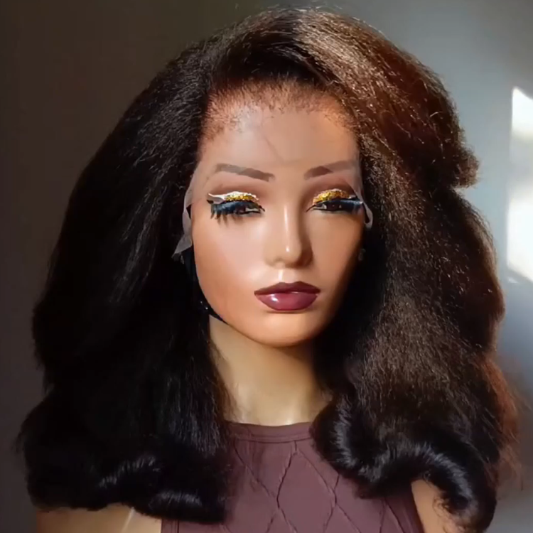 Luxury Yaki Texture Human Hair Wig with Large Bouncy Curls - Natural Black High Volume Bob Glueless Wig - Rafarada