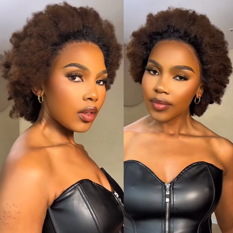 Short Honey Brown Afro Curls Human Hair Wig Glueless HD Lace Front Wig 4C Texture Glueless Lace Wig for Women - Rafarada