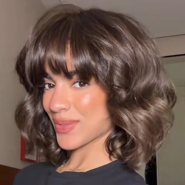 Mocha Brown Voluminous Bob Wig with Wispy Bangs - Bouncy Curls- Rafarada