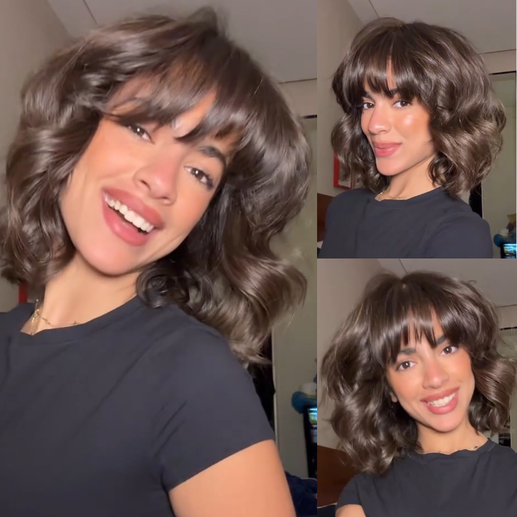 Mocha Brown Voluminous Bob Wig with Wispy Bangs - Bouncy Curls- Rafarada