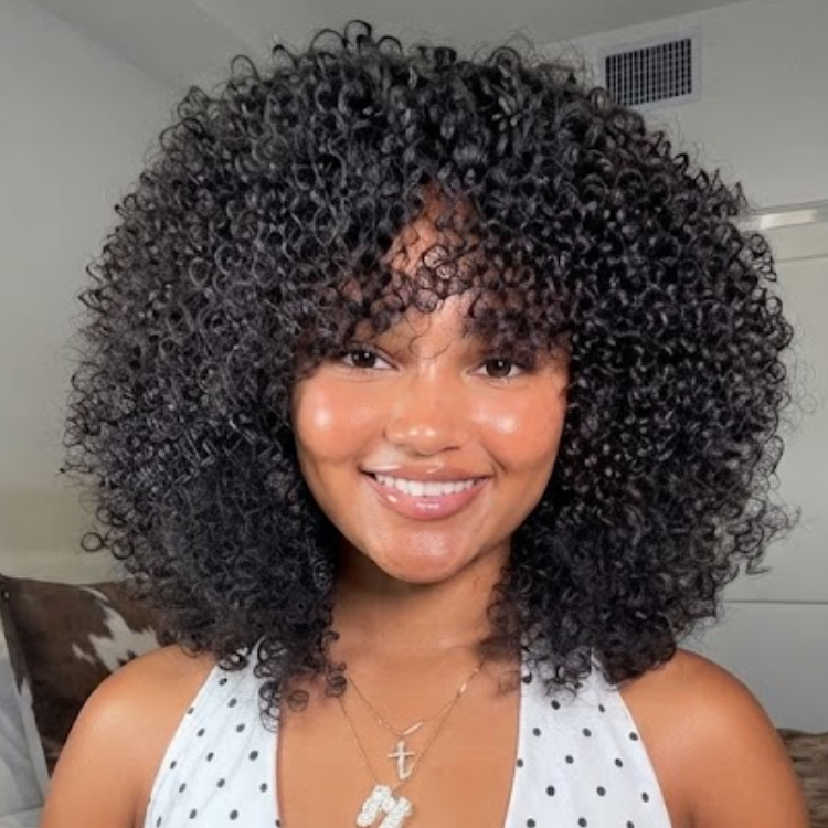 Super Defined Natural Black Kinky Curly Human Hair Bob Wig with Bangs - Glossy & Textured - Rafarada