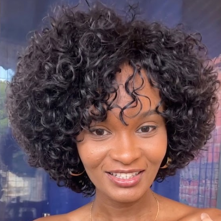 Short Curly Black Human Hair Wig with Bangs Coily and Voluminous Glueless Hair Bob for Natural Look Daily Wear 100% Human Hair - Rafarada