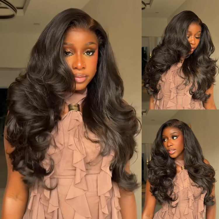Glueless Big Bouncy Wave Lace Front Wig Natural Black Premium Volume Blowout Human Hair Wig- Rafarada