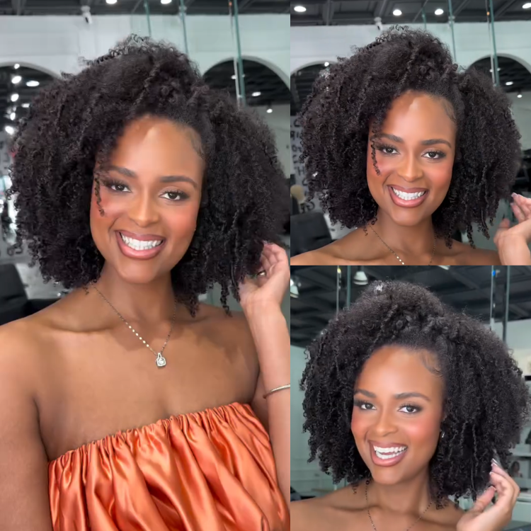 Natural Black Afro Kinky Coily 3-In-1 Half Wig High Density Glueless Mid-Length Natural Looking Drawstring Wig - Rafarada