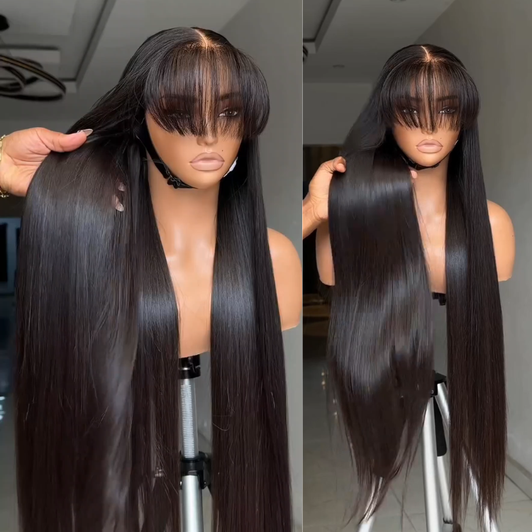 Silky Straight Natural Black Human Hair Wig - Sleek Glueless Lace Wig with Blunt Bangs- Rafarada
