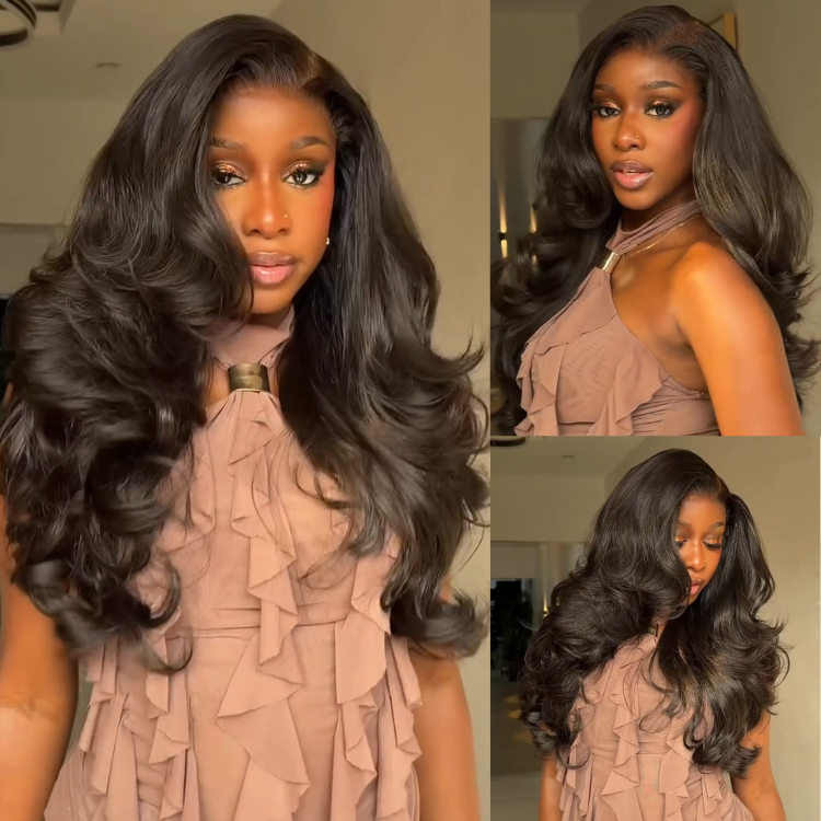 Glueless Big Bouncy Wave Lace Front Wig Natural Black Premium Volume Blowout Human Hair Wig- Rafarada