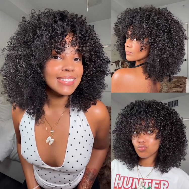 Super Defined Natural Black Kinky Curly Human Hair Bob Wig with Bangs - Glossy & Textured - Rafarada