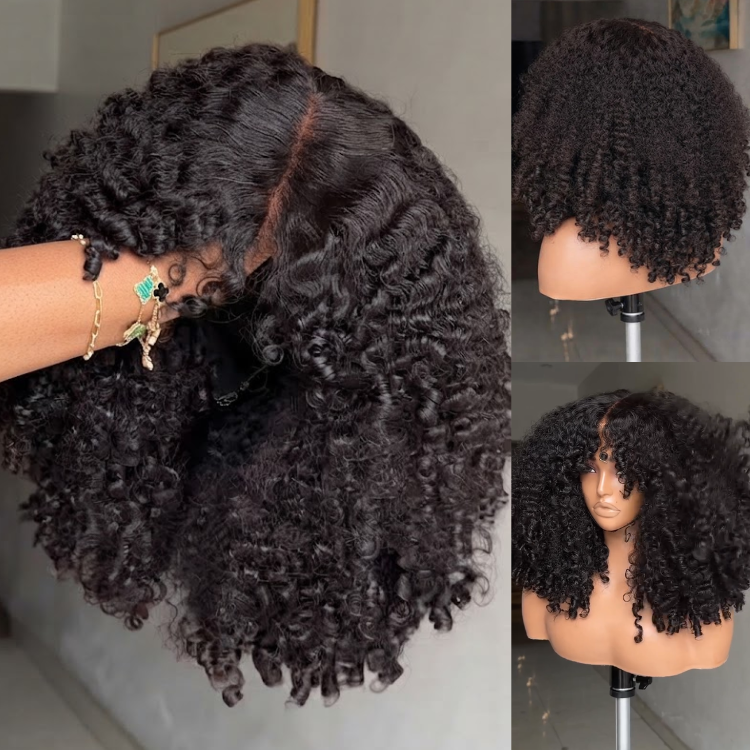 Super Glossy Jet Black Springy Kinky Curly Wig - Ultra Defined Texture - Rafarada