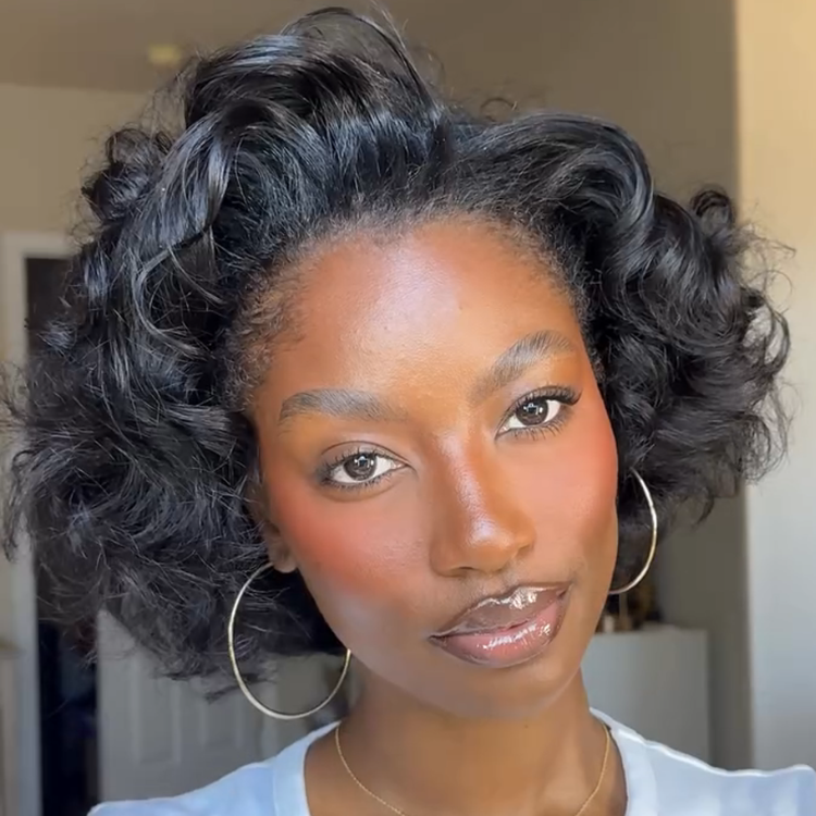 Natural Black Short Voluminous Bouncy Curly Bob Wig Glueless Lace Front Human Hair- Rafarada