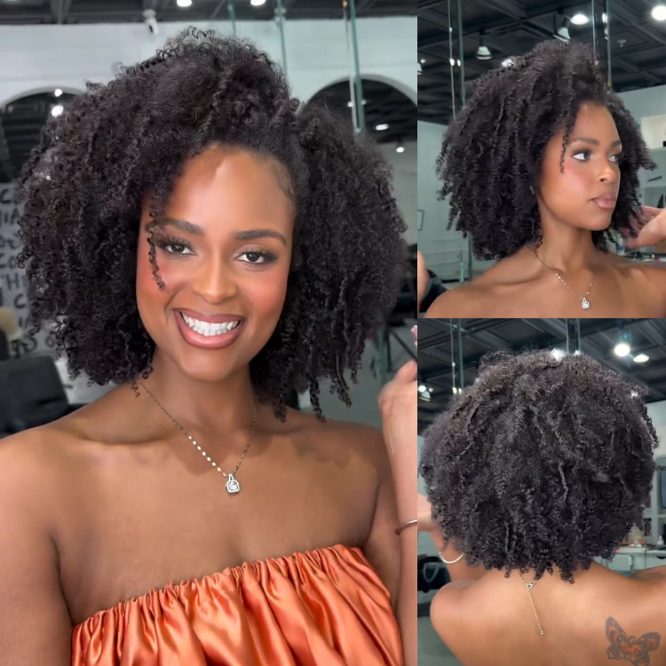 Natural Black Afro Kinky Coily 3-In-1 Half Wig High Density Glueless Mid-Length Natural Looking Drawstring Wig - Rafarada