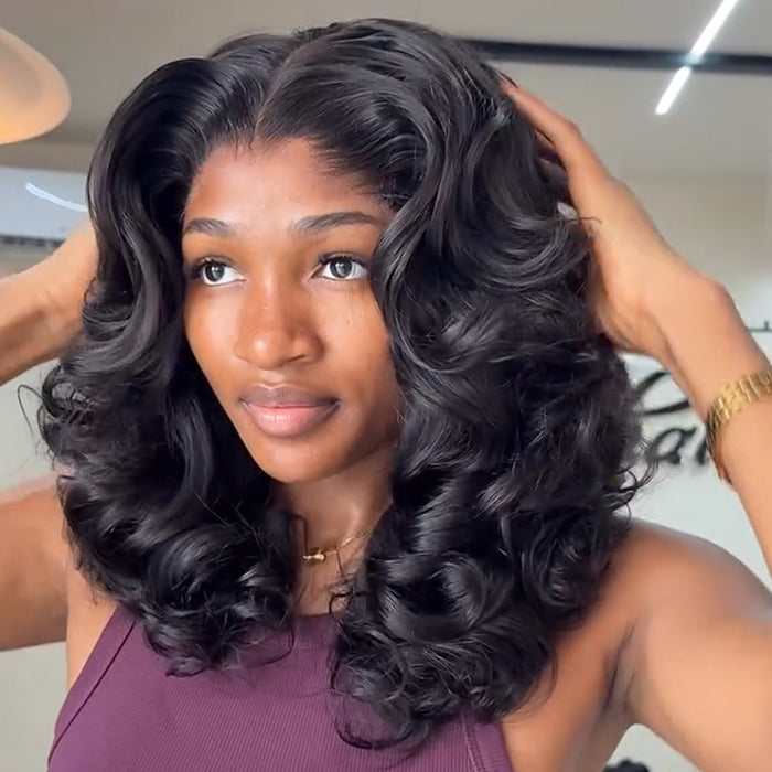 Natural Black Layered Bouncy Curly Bob Wig Middle Part Big Volume Wave Wig- Rafarada