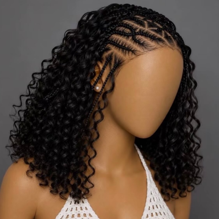 Natural Black Cornrow Braided Curly Human Hair Wig - Glueless Easy Install - Rafarada