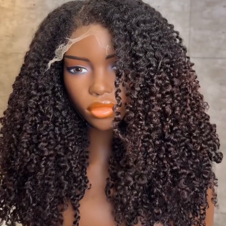 Bouncy Deep Curly Human Hair Wig - Natural Black to Dark Brown Voluminous Kinky Curly Glueless Wig- Rafarada