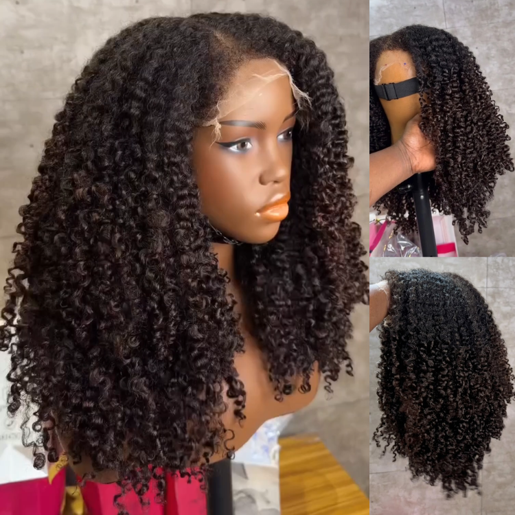 Bouncy Deep Curly Human Hair Wig - Natural Black to Dark Brown Voluminous Kinky Curly Glueless Wig- Rafarada