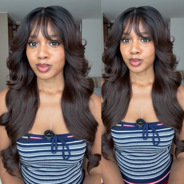Natural Black to Dark Chocolate Brown Ombre Layered Soft Waves Human Hair Wig Lace Front Big Voluminous Curly Wave Wig- Rafarada
