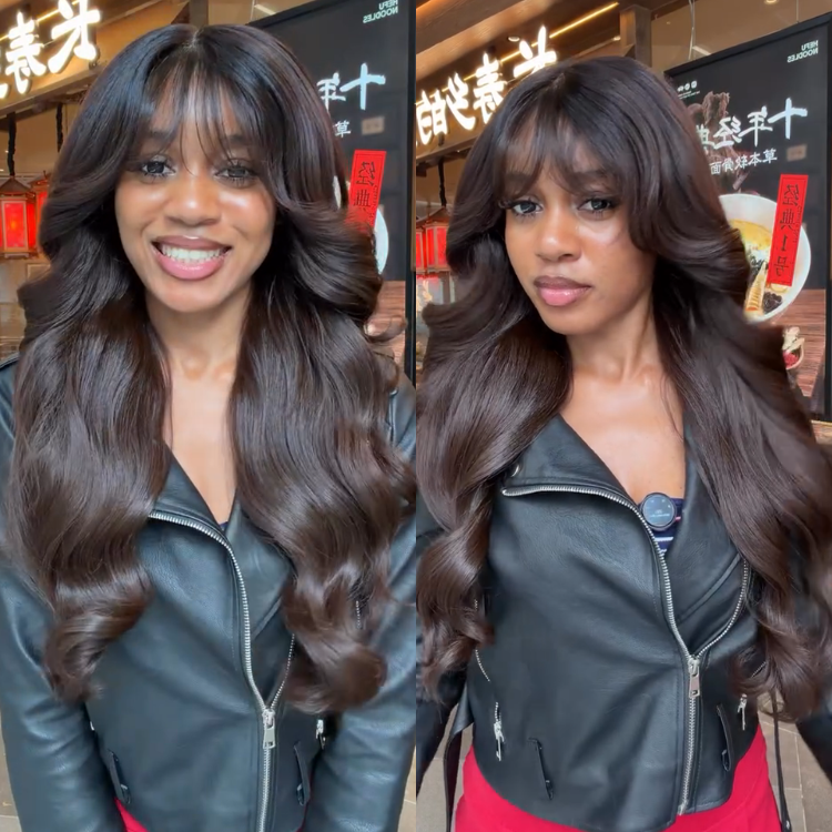 Natural Black to Dark Chocolate Brown Ombre Layered Soft Waves Human Hair Wig Lace Front Big Voluminous Curly Wave Wig- Rafarada