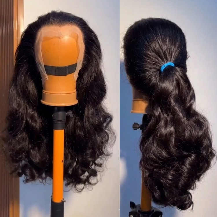 Star-Gaze Natural Black Bouncy Body Wave Wig ¨C Full Volume Glossy Curls | Easy Install Glueless Lace Frontal with Band, Perfect for High Half-Up Styless- Rafarada