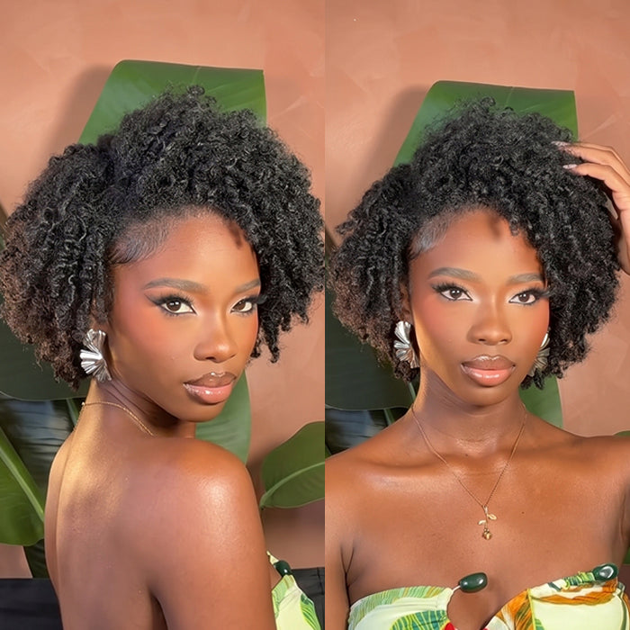 Natural Black Color Afro Spiral Curls Human Hair Wig Glueless Coily Curly Short Bob Lace Front Human Hair Wig- Rafarada