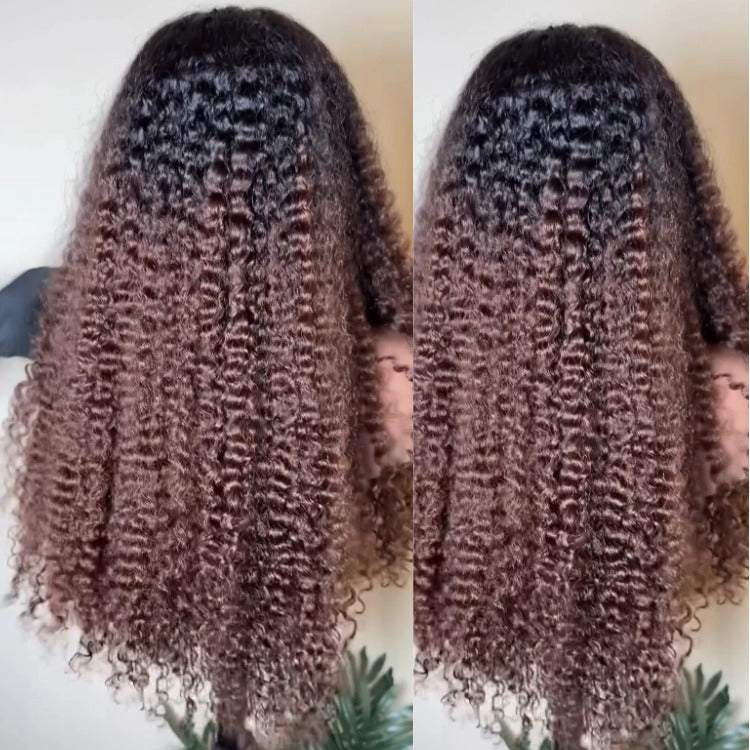 Ombre Black With Light Brown Color Deep Curly Lace Front Human Hair Wigs Glueless Pre-Plucked Wig - Rafarada