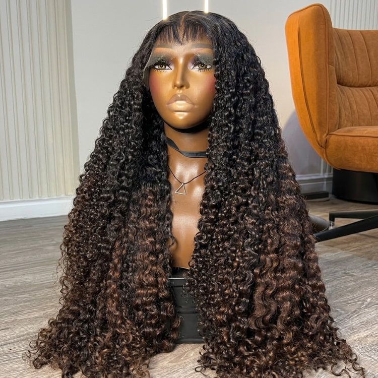 Burmese Curly Human Hair Lace Front Wig - Off Black Ombre to Dark Chocolate Brown Wispy Bangs Luxury Hair - Rafarada