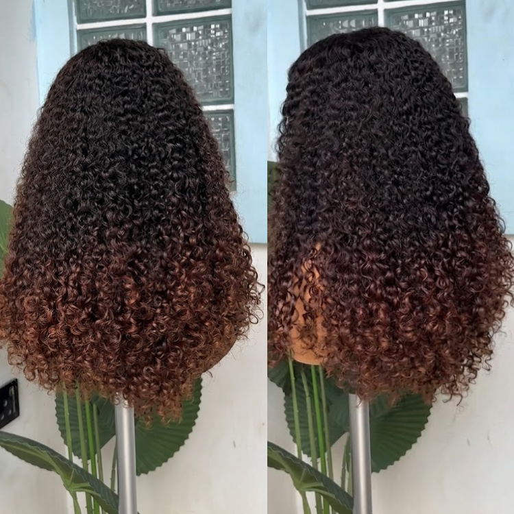 Glueless Deep Curly Human Hair Lace Front Wig Ombre Natural Black to Caramel Brown- Rafarada