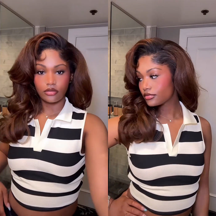 Auburn Brown Bouncy Body Wave Wig Glueless Long Wavy Wig with Side Part & Natural Hairline - Rafarada