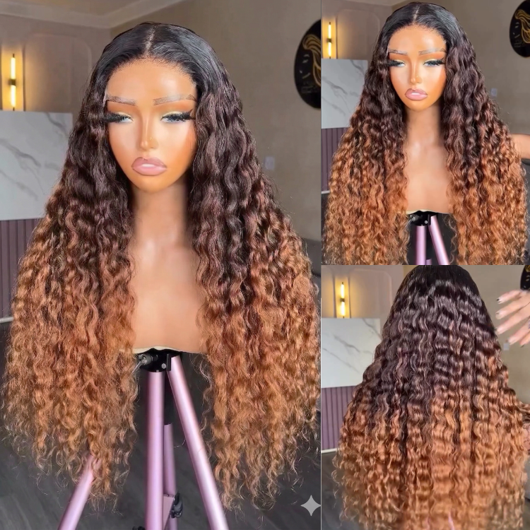 Deep Wave Natural Black to Ombre Brown Highlight Lace Front Human Hair Wig - Rafarada