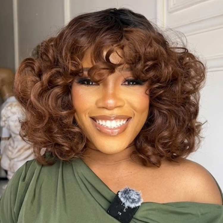 Dark Roots Ombre Brown Short Curly Wig with Bangs - Premium Bouncy Wave Glueless Bob Wig for Women- Rafarada