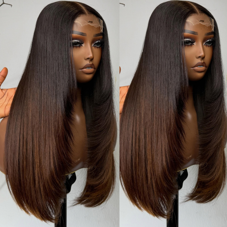 Glueless Ombre Brown Layered Straight Lace Front Wig - HD Transparent Lace Human Hair- Rafarada