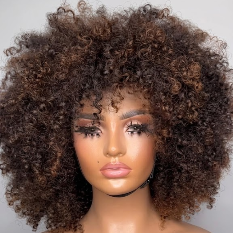 Ombre Brown Kinky Coily Wig with Bangs - Voluminous Afro Curly Glueless Human Hair Wig- Rafarada