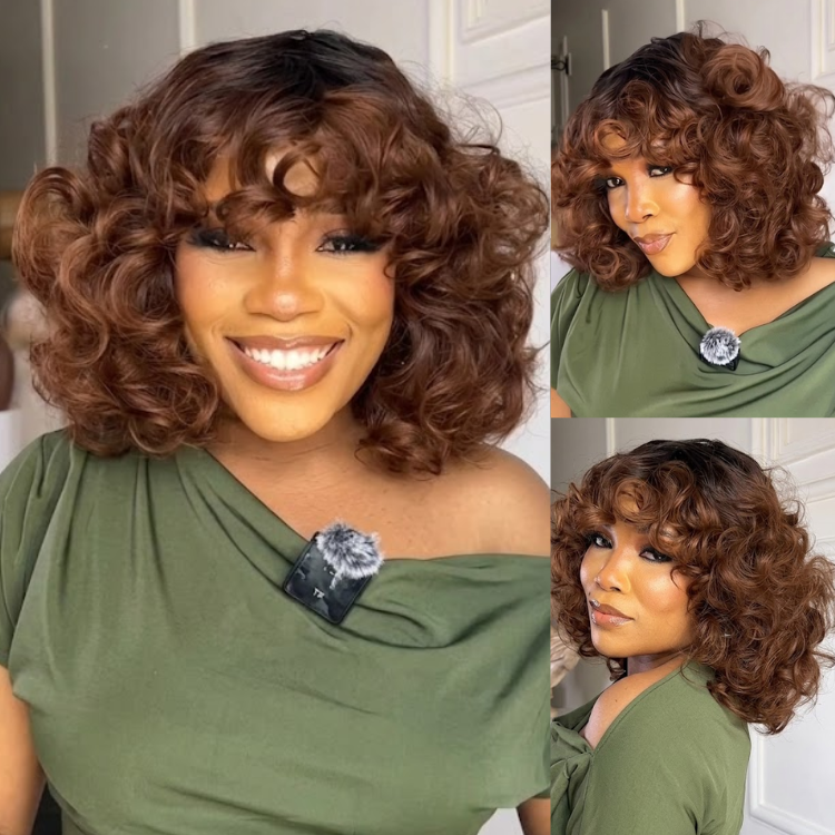 Dark Roots Ombre Brown Short Curly Wig with Bangs - Premium Bouncy Wave Glueless Bob Wig for Women- Rafarada