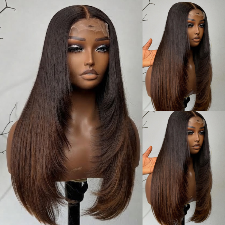 Glueless Ombre Brown Layered Straight Lace Front Wig - HD Transparent Lace Human Hair- Rafarada