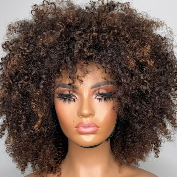 Ombre Brown Kinky Coily Wig with Bangs - Voluminous Afro Curly Glueless Human Hair Wig- Rafarada