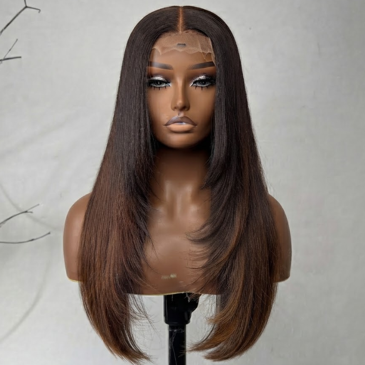 Glueless Ombre Brown Layered Straight Lace Front Wig - HD Transparent Lace Human Hair- Rafarada