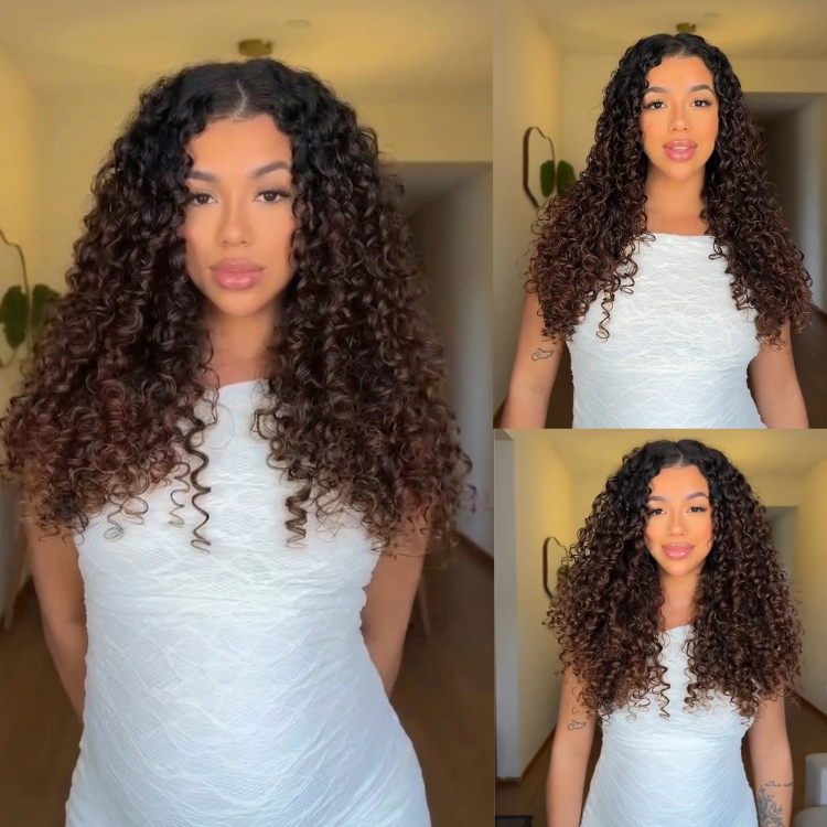 Black to Chocolate Brown Ombre Tight Curly HD Lace Front Human Hair Wig Pre-Plucked - Rafarada