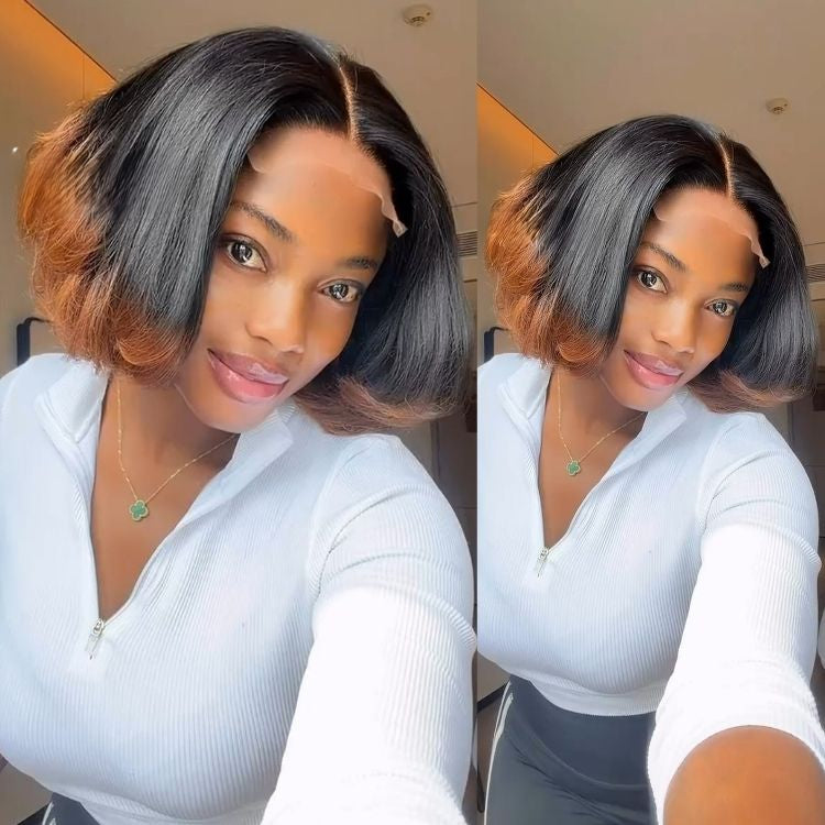 Ombre Brown Short Bob Lace Frontal Wig Glueless Straight Bob Human Hair Wigs with 1B/30 Color Bob Wig - Rafarada