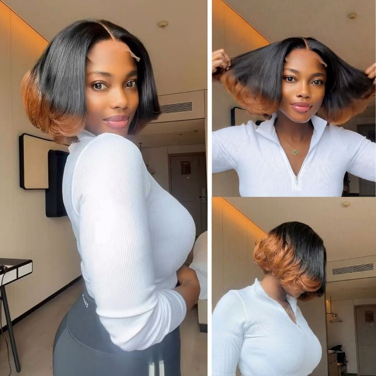Ombre Brown Short Bob Lace Frontal Wig Glueless Straight Bob Human Hair Wigs with 1B/30 Color Bob Wig - Rafarada