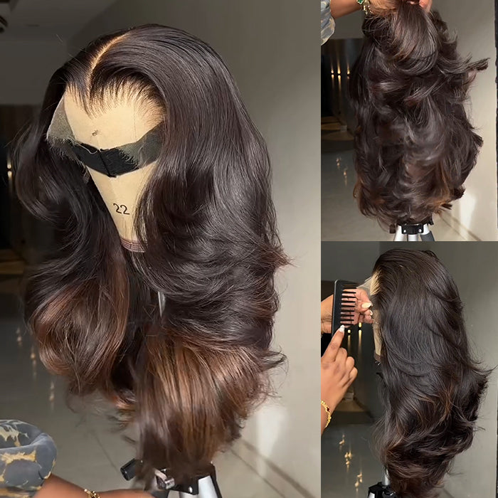 Natural Dark Brown Bouncy Body Wave Wig HD Transparent Lace Frontal Wig Ombre Color Layered Curls Human Hair - Rafarada