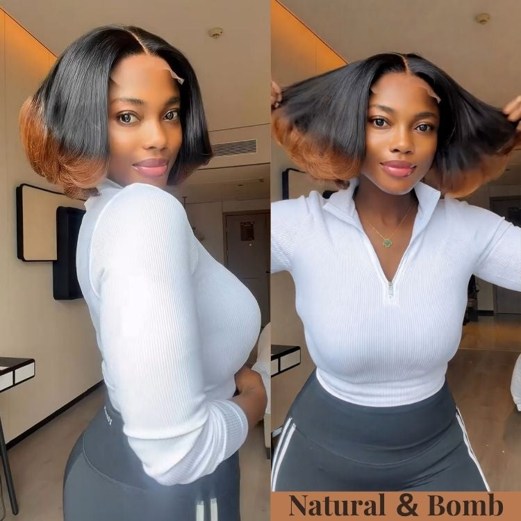 Ombre Brown Short Bob Lace Frontal Wig Glueless Straight Bob Human Hair Wigs with 1B/30 Color Bob Wig - Rafarada