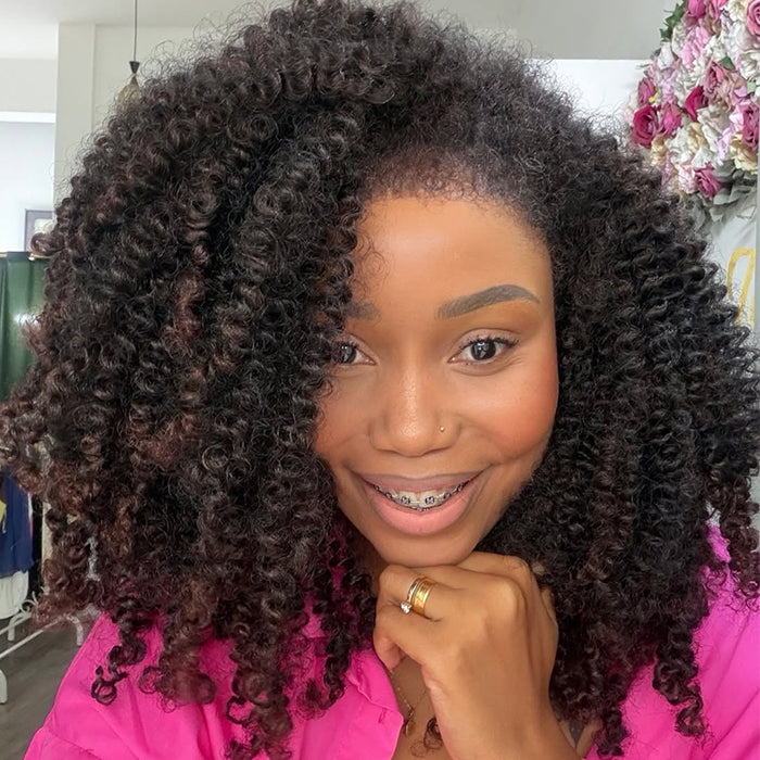Kinky Curly Bob Wig Human Hair with Dark Brown Ombre Mixed Color Glueless Lace Front Wig Natural Hairline Coily Wig for Women - Rafarada