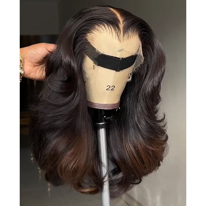 Natural Dark Brown Bouncy Body Wave Wig HD Transparent Lace Frontal Wig Ombre Color Layered Curls Human Hair - Rafarada
