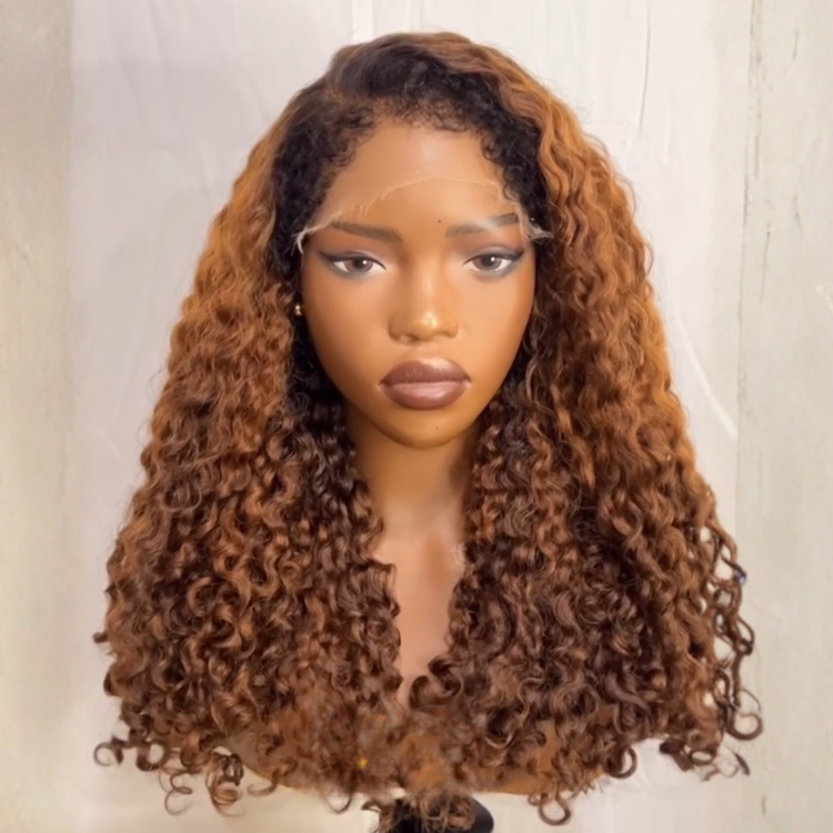 Honey Brown Highlights Burmese Curly Lace Frontal Human Hair Wigs Dark Roots Ombre Ginger Brown Curly Wig with Baby Hair - Rafarada