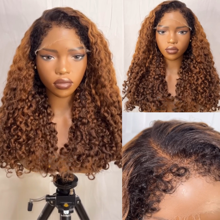 Honey Brown Highlights Burmese Curly Lace Frontal Human Hair Wigs Dark Roots Ombre Ginger Brown Curly Wig with Baby Hair - Rafarada