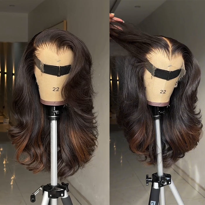 Natural Dark Brown Bouncy Body Wave Wig HD Transparent Lace Frontal Wig Ombre Color Layered Curls Human Hair - Rafarada
