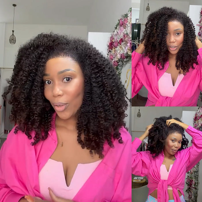 Kinky Curly Bob Wig Human Hair with Dark Brown Ombre Mixed Color Glueless Lace Front Wig Natural Hairline Coily Wig for Women - Rafarada